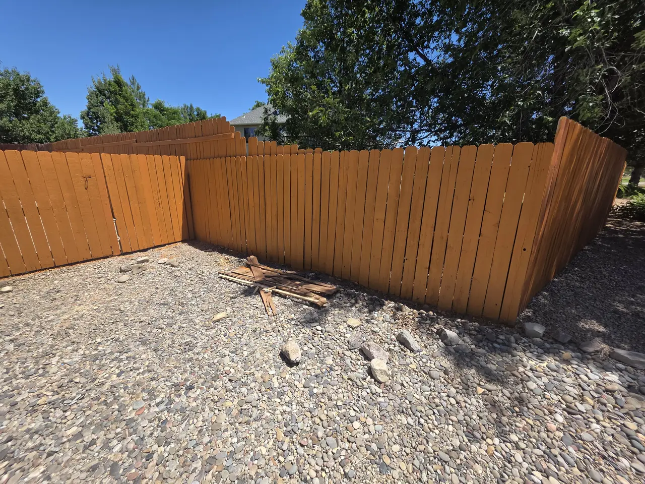 Backyard wood privacy fence freshly stained a warm cedar tone